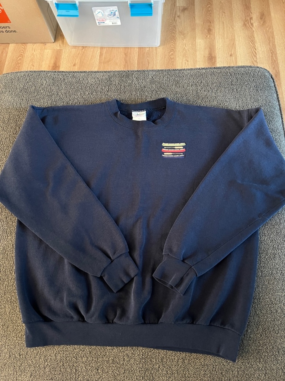 Grandpa-core Men's Navy Crewneck Sweatshirt with Embroidered Canoes Detail